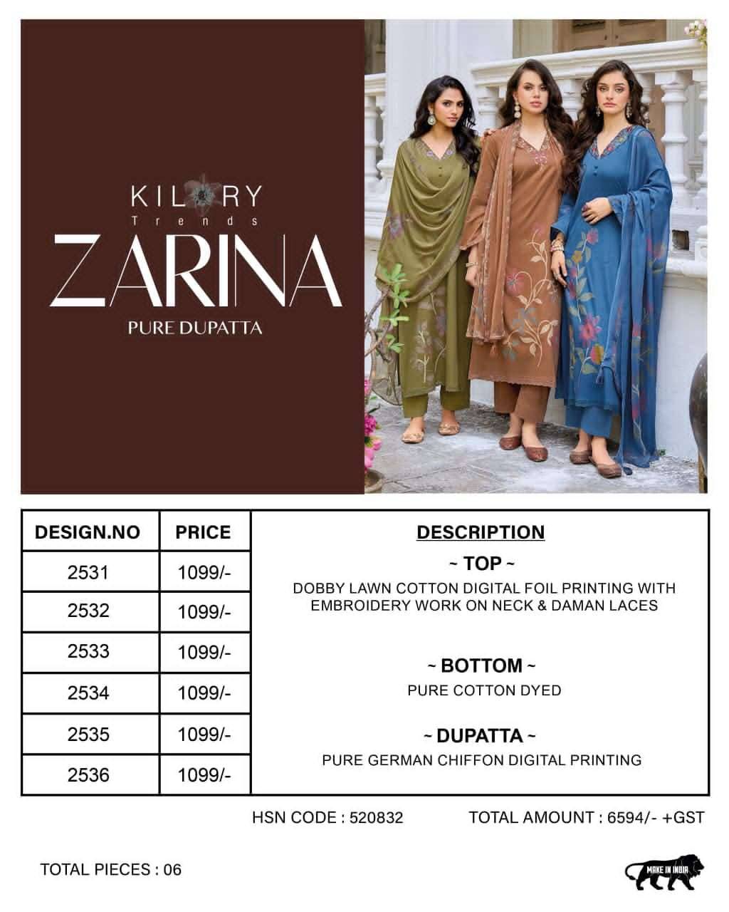ZARINA By KILORY TRENDS 2531 To 2536 Series Stylish Beautiful Colourful LAWN COTTON Dresses At Wholesale Price
